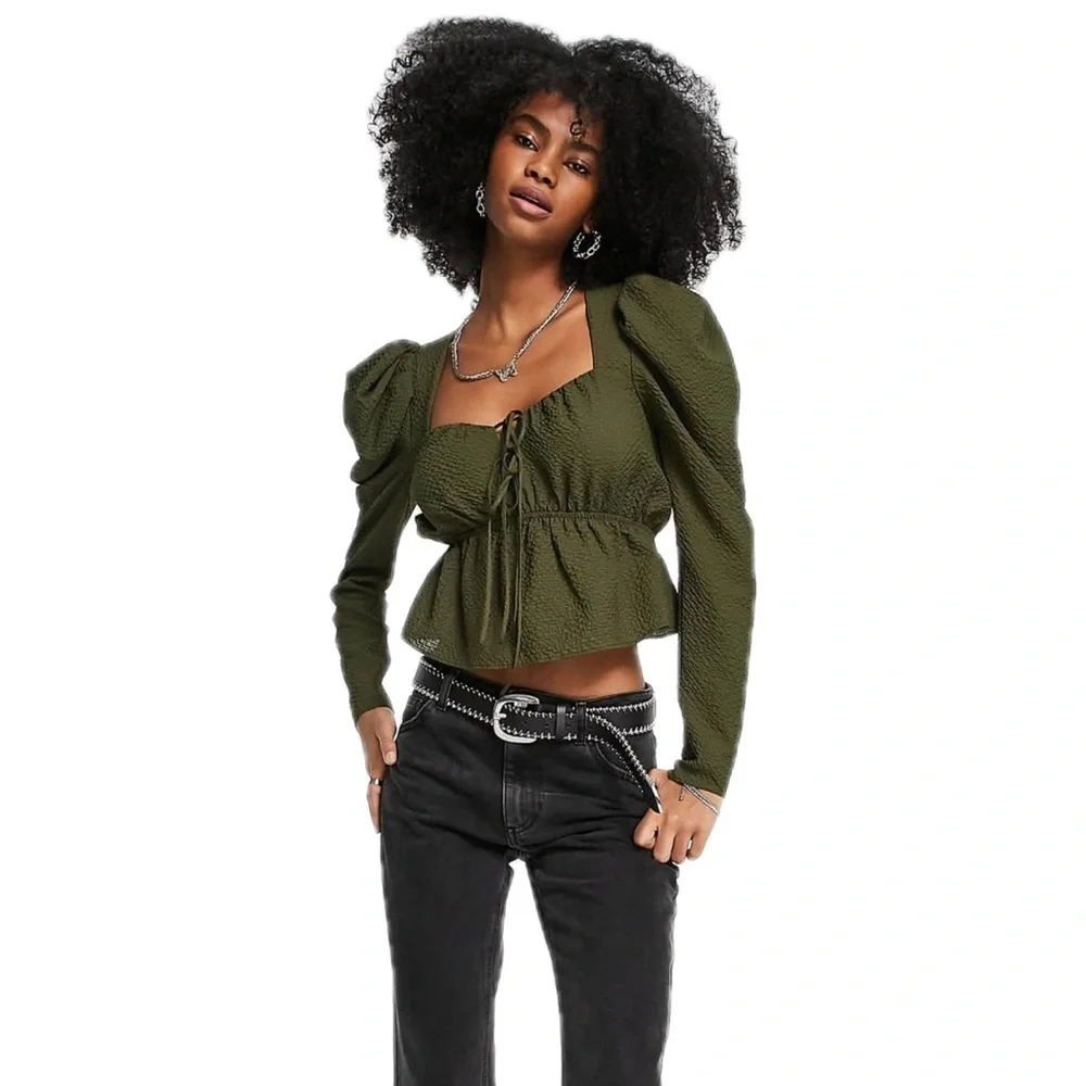 Topshop Puff Sleeve Tie Front Textured Top In Khaki